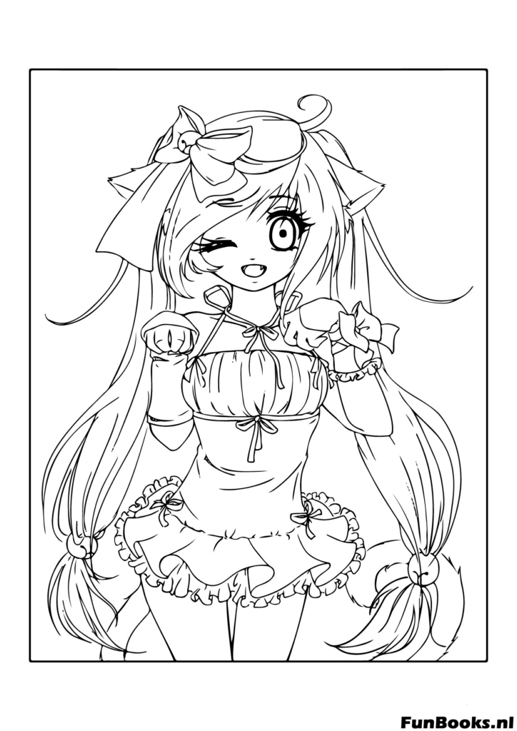 Mignon personnage de fille magique portant une robe à volants et rubans faisant un clin d'œil coloriage