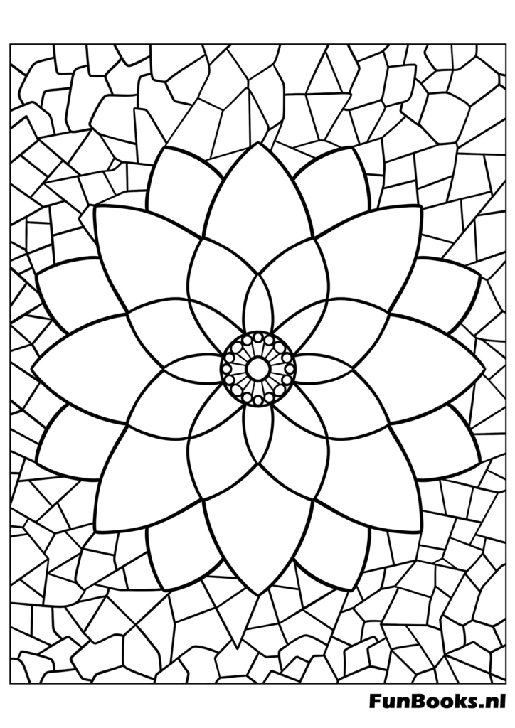 Forme de fleur de lotus symétrique faite de carreaux de mosaïque géométriques coloriage