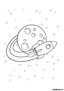 Petite fusée volant autour d'une planète à anneaux coloriage