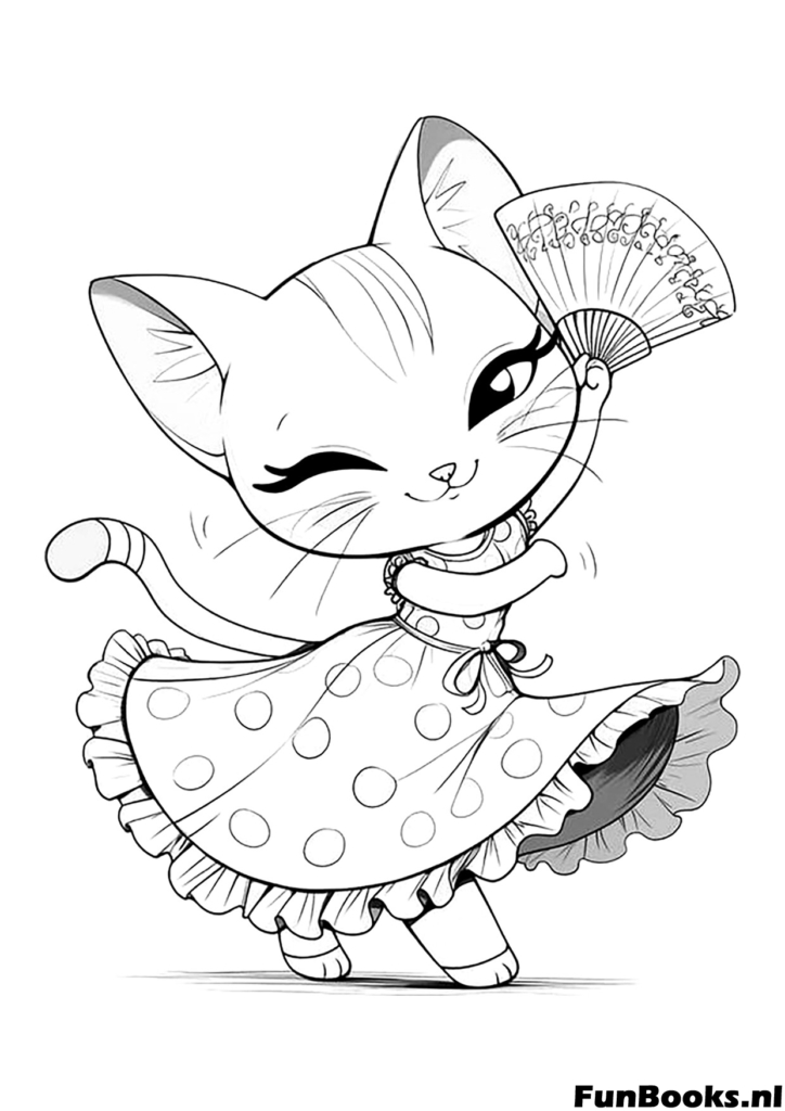 Lindo gato de anime bailando con un abanico japonés tradicional kawaii dibujo para colorear