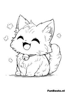 Feliz gatito esponjoso sentado y sonriendo estilo anime dibujo para colorear