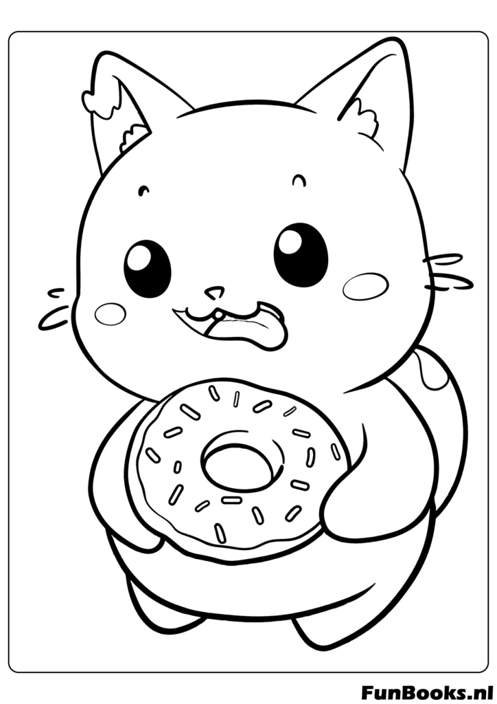 Hambriento gato de anime comiendo una deliciosa dona golosina dulce dibujo para colorear