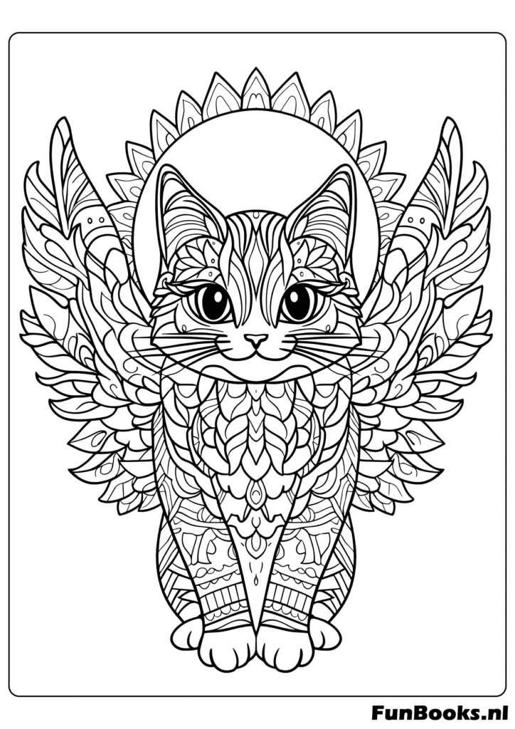Gato de fantasía mágico con alas de ángel para colorear