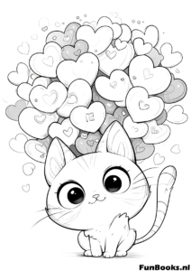 Feliz gato de anime sosteniendo un ramo de globos en forma de corazón dibujo para colorear