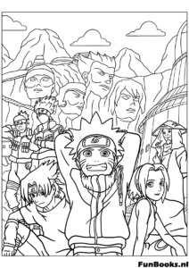 Grupo Amigos Naruto Diversión Dibujo para colorear Grupo feliz de personajes de Naruto sonriendo y posando juntos equipo de anime dibujo para colorear