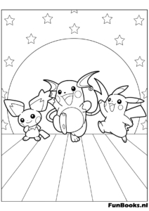 Pikachu con Bulbasaur Charmander y Squirtle jugando juntos dibujo para colorear