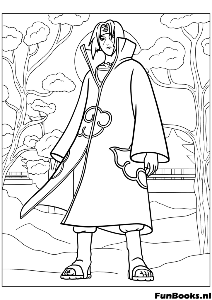 Itachi Uchiha vistiendo la capa de Akatsuki de pie misteriosamente dibujo para colorear