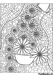 Scène de jardin détaillée avec fleurs et tourbillons style mosaïque coloriage