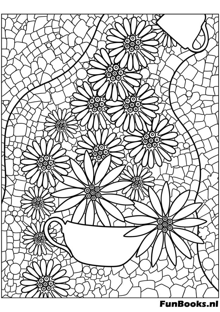 Escena de jardín detallada con flores y remolinos en estilo mosaico dibujo para colorear