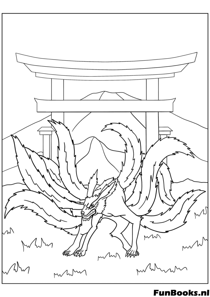 El Zorro de Nueve Colas Kurama detrás de la puerta del sello criatura mítica dibujo para colorear