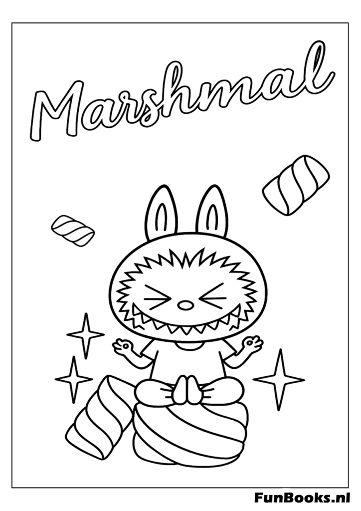 Labubu avec un sac de guimauves et bonbons coloriage