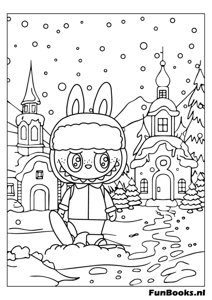 Labubu devant un château de conte de fées style Disney coloriage