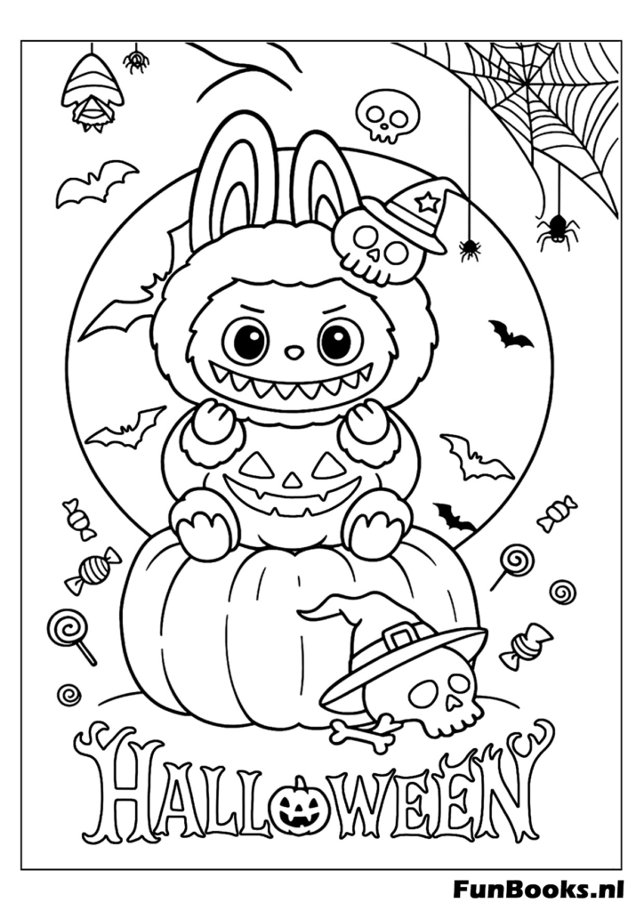 Labubu sortant d'une citrouille d'Halloween coloriage