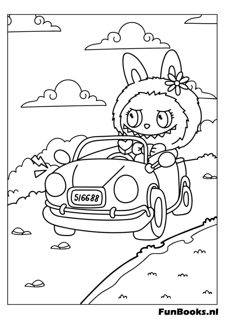 Labubu conduisant une voiture décapotable coloriage