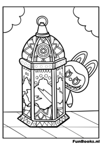 Labubu sentado dentro de una linterna decorativa para colorear