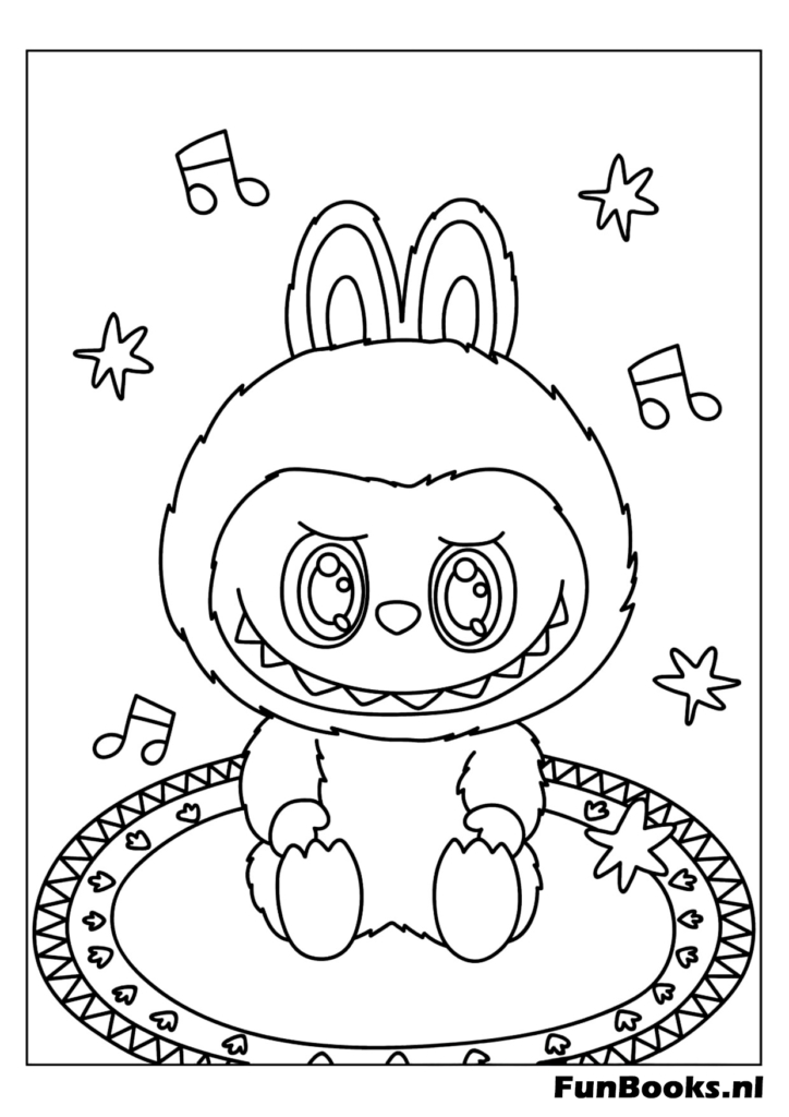 Labubu assis écoutant de la musique avec des notes coloriage