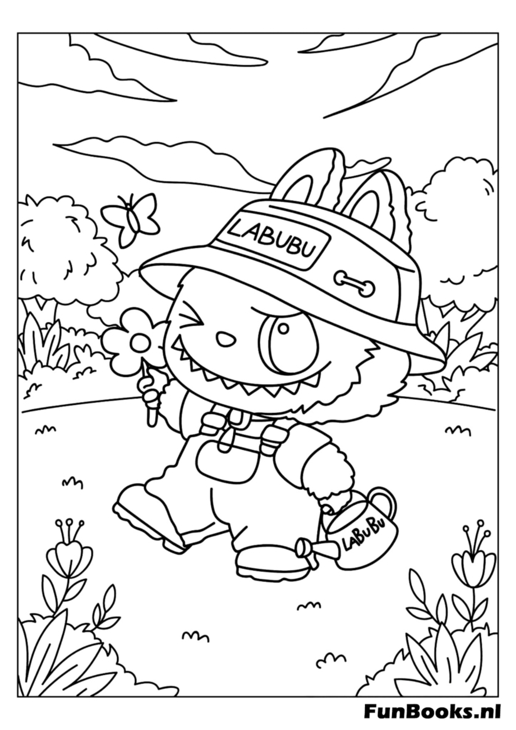 Labubu avec chapeau et tenue d'explorateur safari coloriage