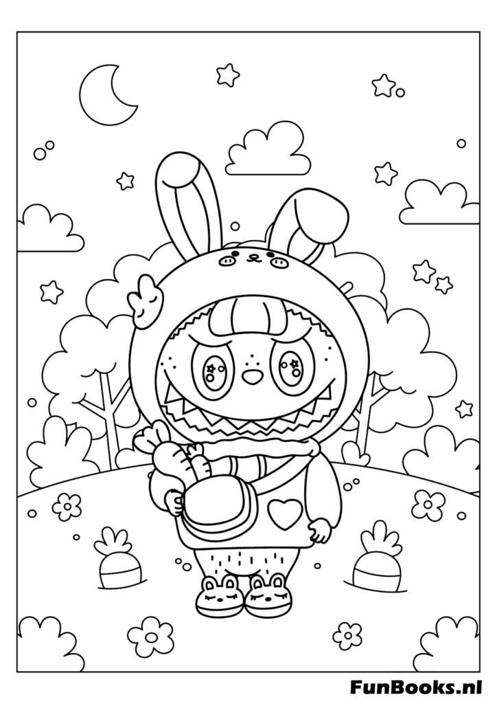 Labubu con ropa de invierno en la nieve dibujo para colorear