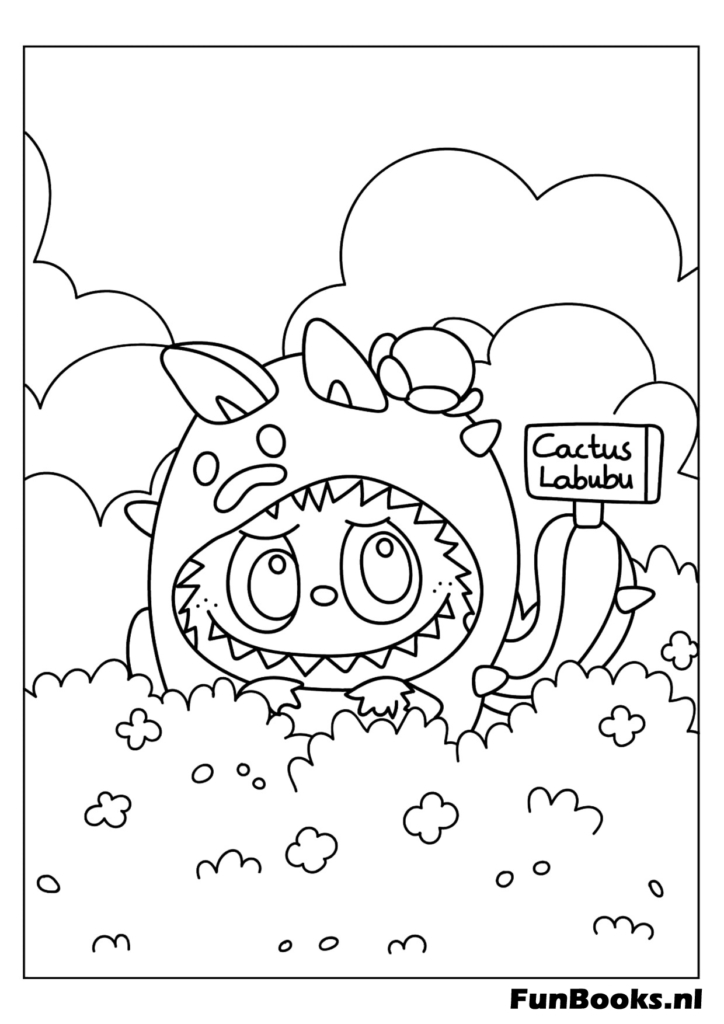 Labubu tenant un panneau vide dans la nature coloriage