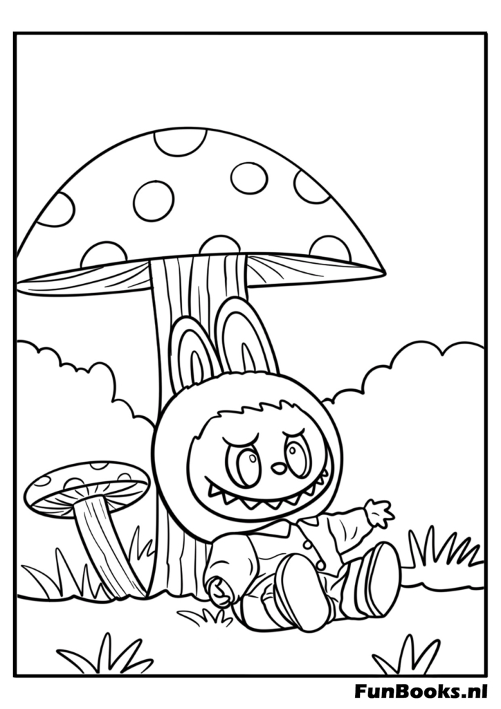 Labubu assis sous un champignon géant coloriage