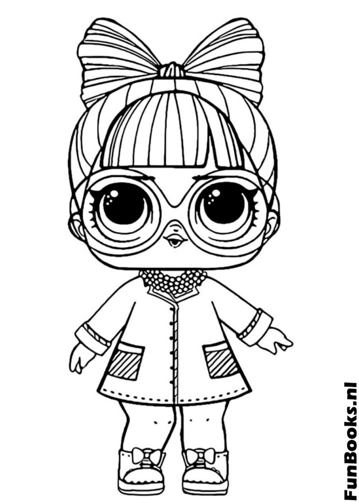 Dulce muñeca LOL con un lazo en el cabello vistiendo un abrigo de invierno dibujo para colorear