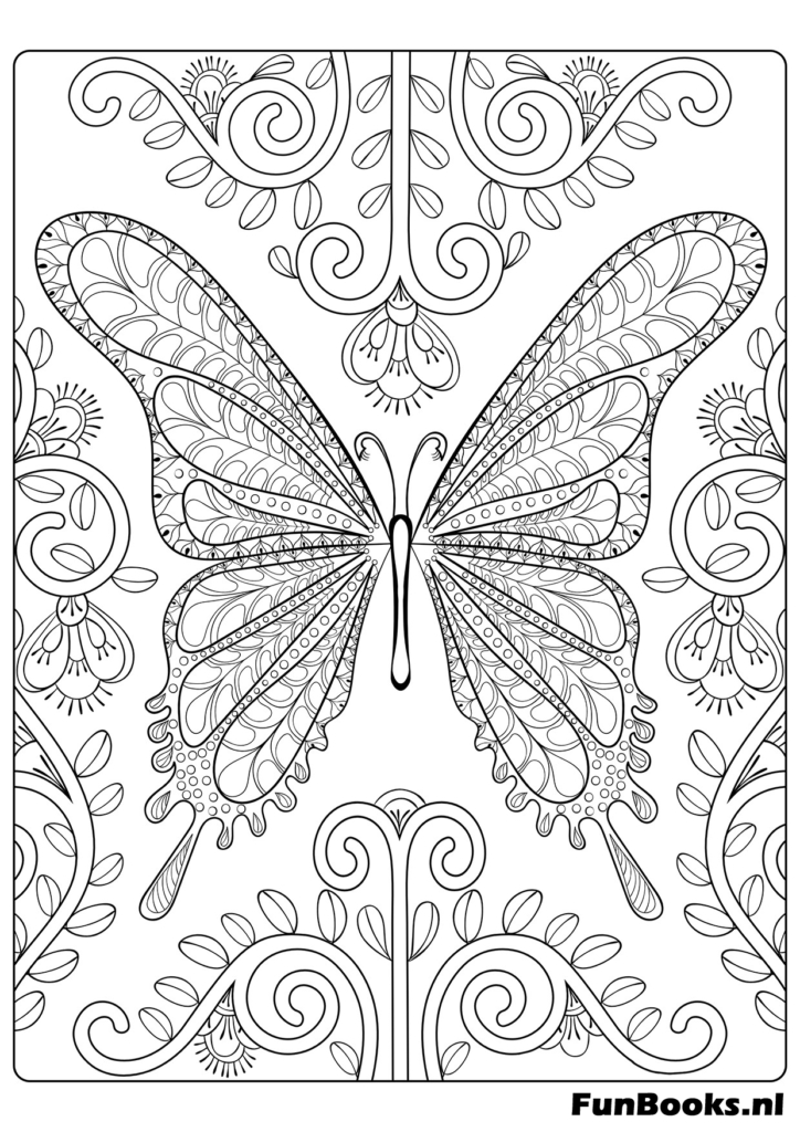 Mariposa simétrica con patrones de alas de mandala alivio del estrés dibujo para colorear