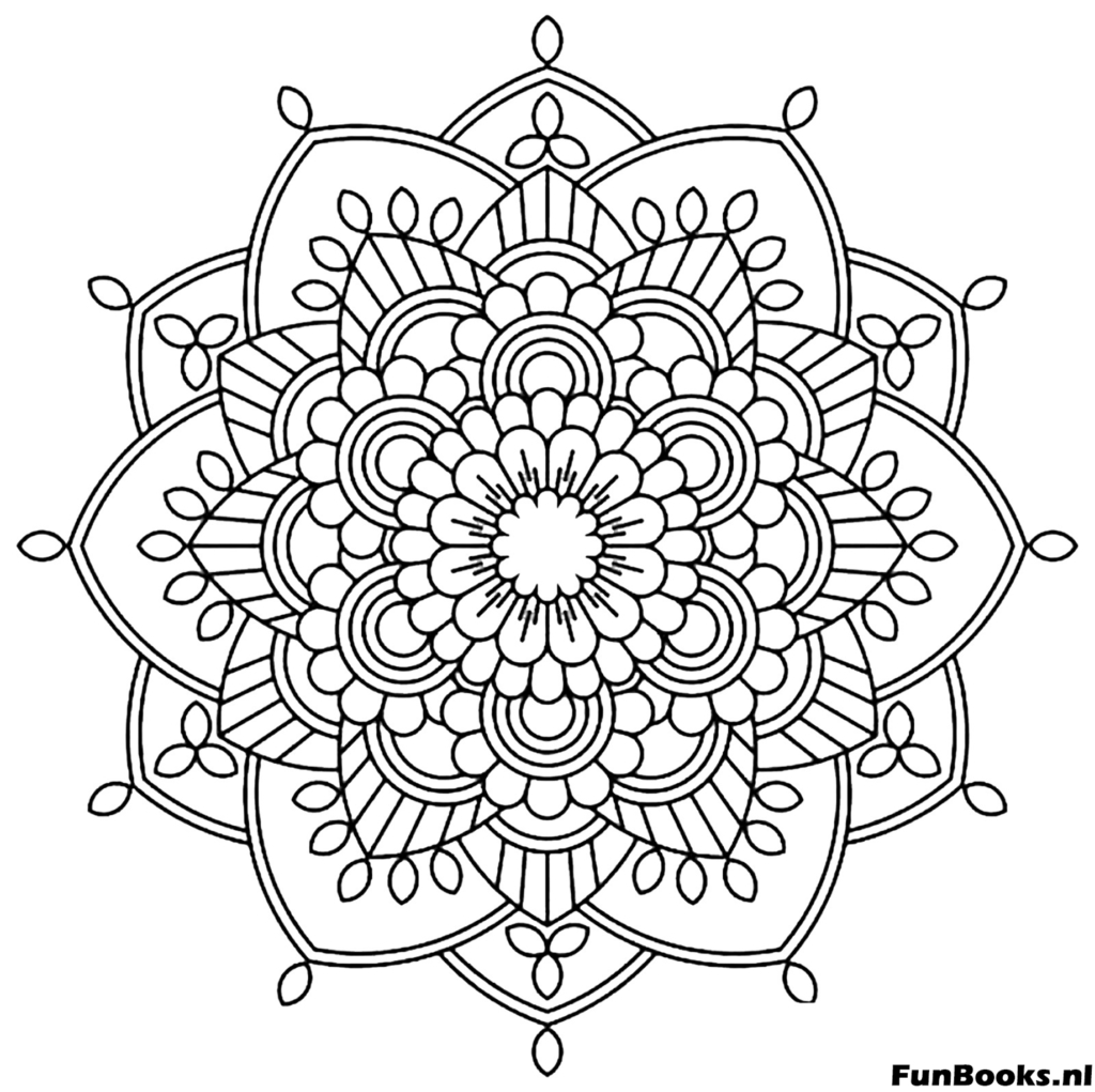 Mandala estilo roseta clásica con pétalos simétricos dibujo para colorear