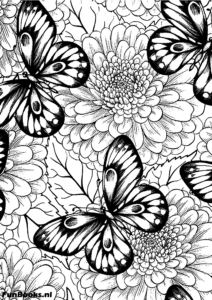 Mariposas volando entre flores de jardín detalladas escena de naturaleza dibujo para colorear