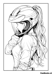 Fille motarde cool portant un casque de moto et une queue de cheval vue de profil coloriage