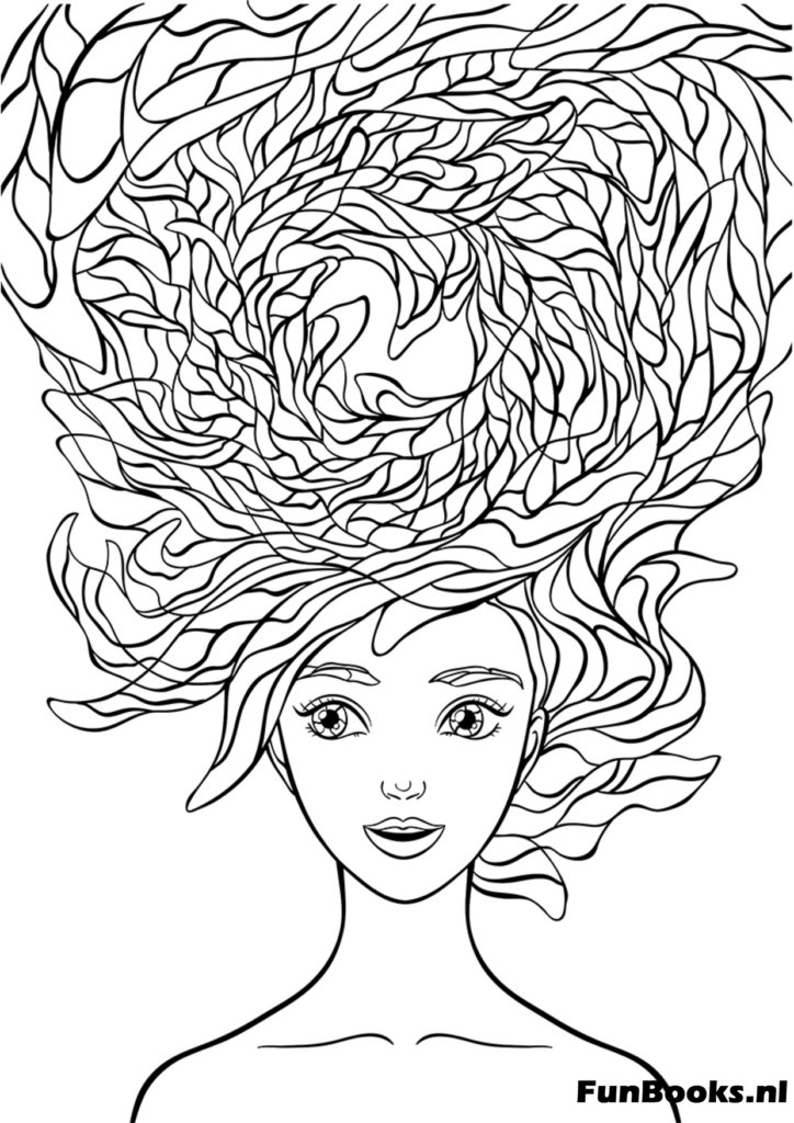 Retrato surrealista de una mujer con peinado de nido de pájaro patrones intrincados dibujo para colorear