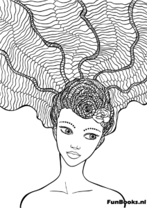 Mujer con peinado estampado único arte zentangle para relajación dibujo para colorear