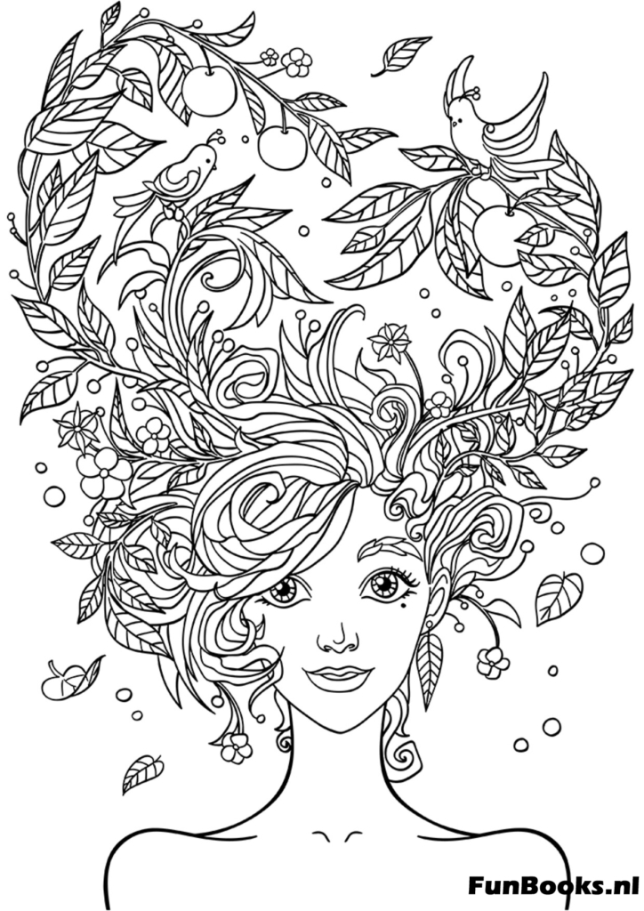 Hermosa mujer con cabello suelto lleno de flores y enredaderas dibujo para colorear para adultos