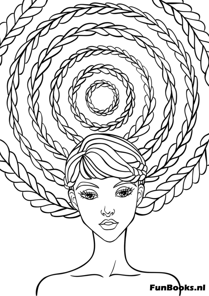 Mujer mística con patrones de sol halo circular en su cabello atención plena dibujo para colorear