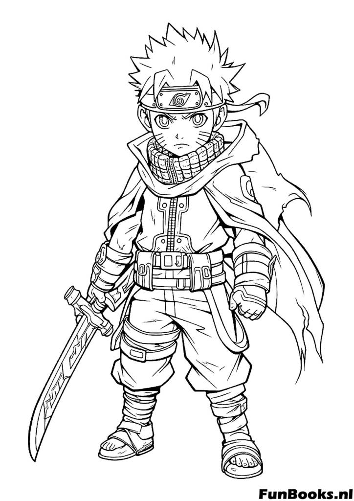 Naruto portant une cape de voyage et de l'équipement prêt pour l'aventure coloriage