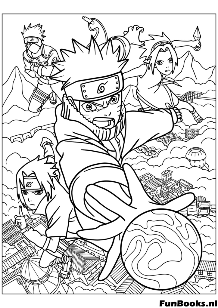 Naruto y amigos del anime en una escena de acción dinámica estilo manga dibujo para colorear