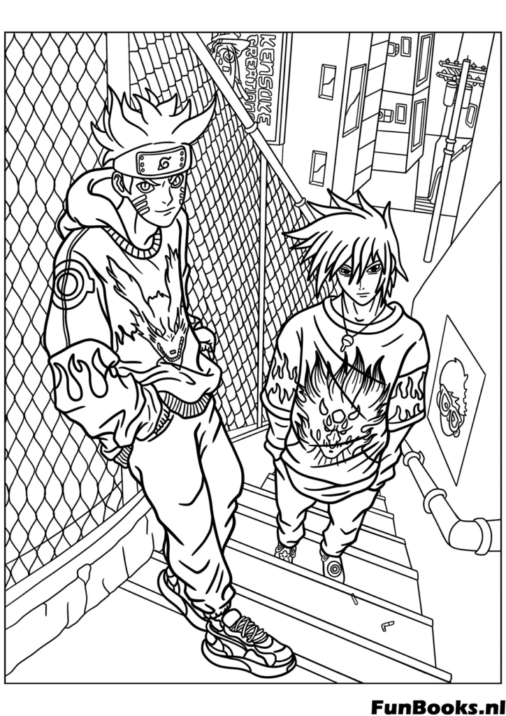 Naruto sentado con su maestro Jiraiya Sabio Pervertido escena relajante dibujo para colorear