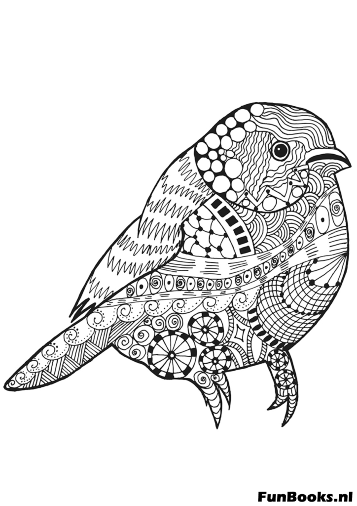 Oiseau réaliste assis sur une branche avec motifs coloriage