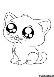 Lindo gatito chibi sentado mirando inocente con ojos enormes dibujo para colorear
