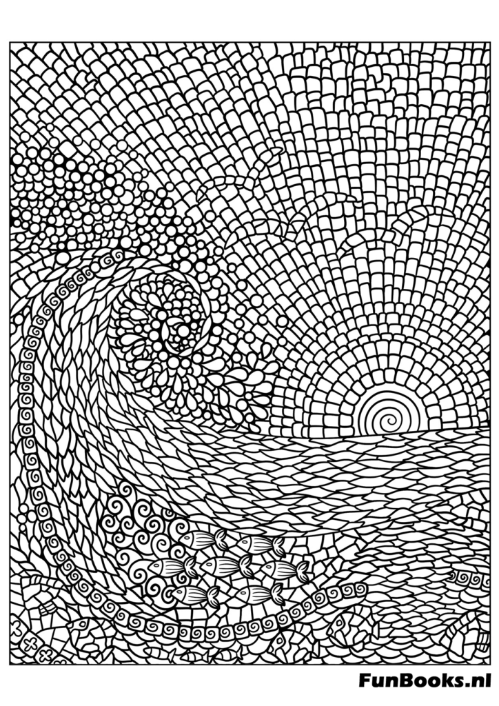 Paysage artistique de grande vague et coucher de soleil formé par des pierres de mosaïque coloriage