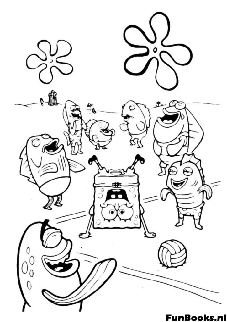 Foto grupal de Bob Esponja Patricio Don Cangrejo Arenita y Plankton de pie juntos en Fondo de Bikini dibujo para colorear