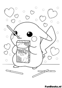 Mignon Pikachu buvant du bubble tea ou du jus avec une paille coloriage