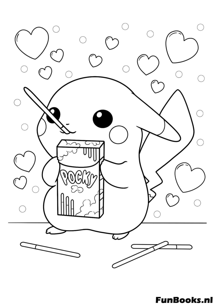 Mignon Pikachu buvant du bubble tea ou du jus avec une paille coloriage