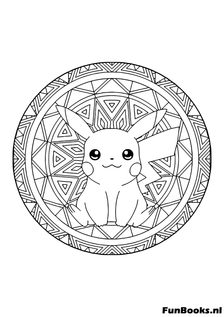Diseño circular de mandala con Pikachu en el centro dibujo para colorear