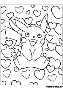 Feliz Pikachu rodeado de corazones de amor San Valentín dibujo para colorear