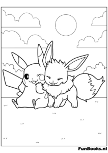 Pikachu et Evoli assis ensemble se faisant un câlin meilleurs amis coloriage