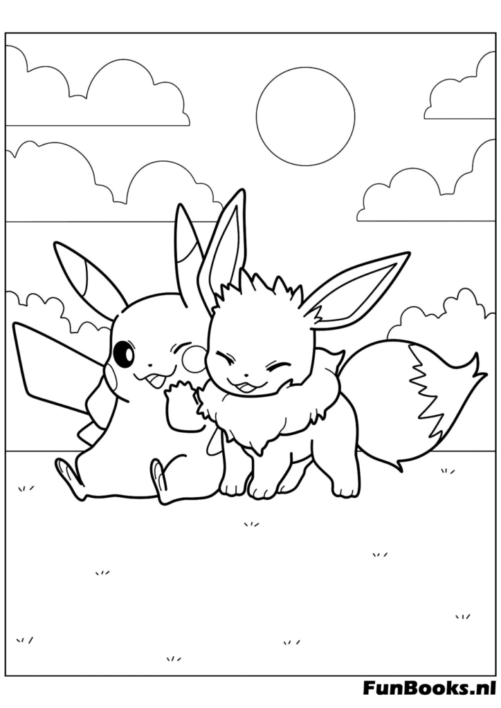 Pikachu y Eevee sentados juntos abrazándose mejores amigos dibujo para colorear