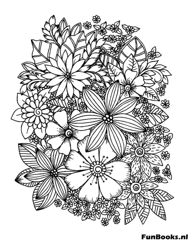 Arreglo vertical de flores silvestres mixtas y follaje dibujo para colorear detallado
