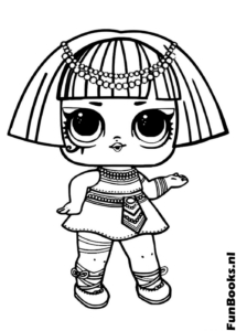 Muñeca LOL vestida como reina egipcia disfraz estilo Cleopatra dibujo para colorear