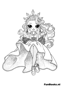 Majestuosa muñeca LOL vistiendo una capa de reina y corona dibujo para colorear