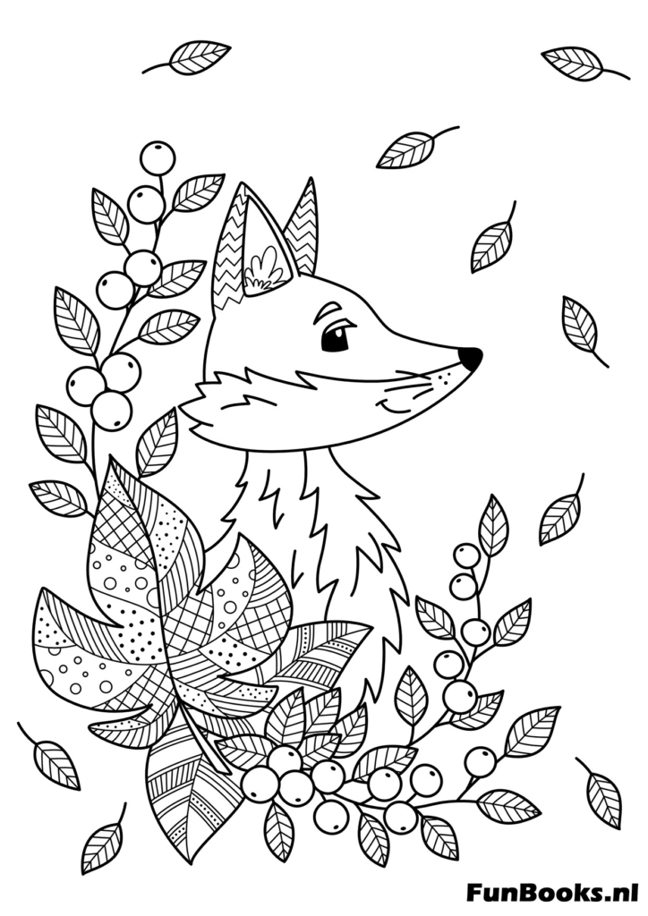Mignon renard assis parmi les feuilles d'automne tombantes style zentangle coloriage
